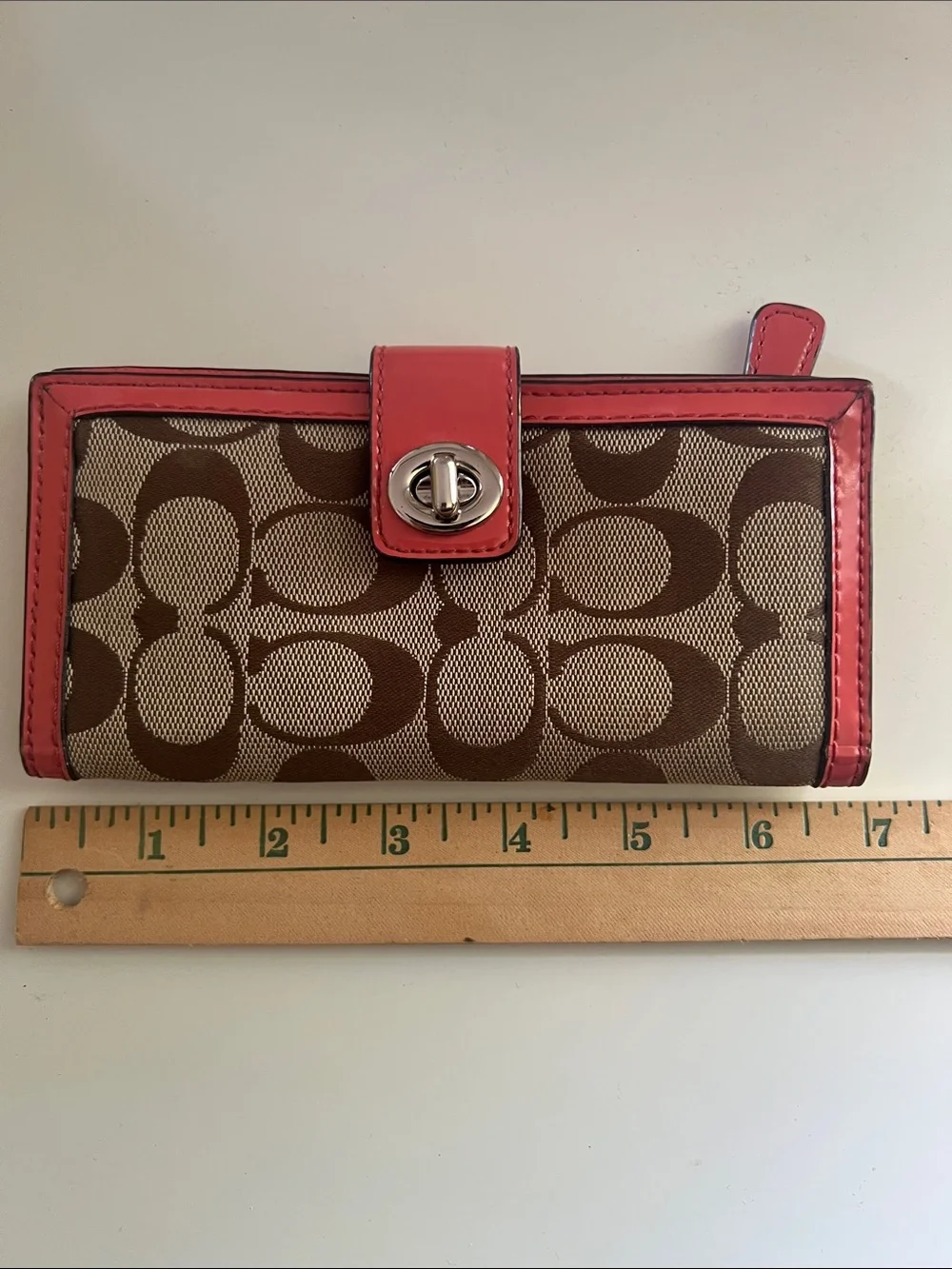 Coach Signature Canvas Phone Wallet with Coral Patent Leather Trim